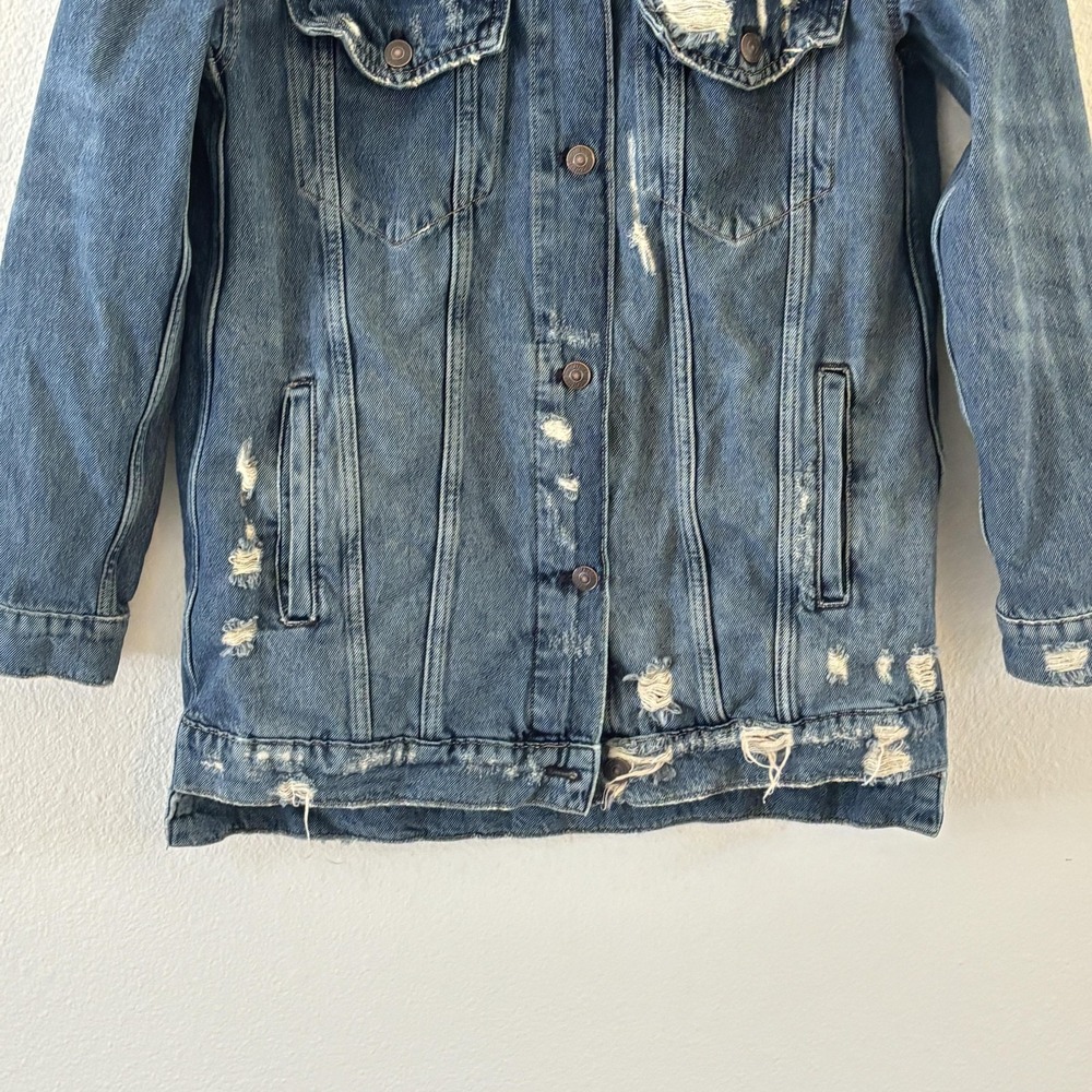 Free People We the Free Long & Lean Distressed Denim Jacket XS Oversized Trucker - Picture 5 of 14
